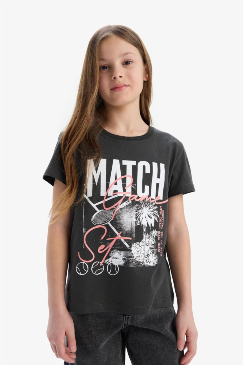 Kız Çocuk - Genç Kız Antrasit Bisiklet Yaka Baskılı Kısa Kollu Tişört Kız Çocuk