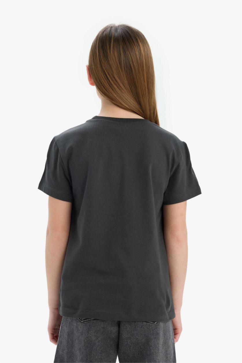 Kız Çocuk - Genç Kız Antrasit Bisiklet Yaka Baskılı Kısa Kollu Tişört Kız Çocuk