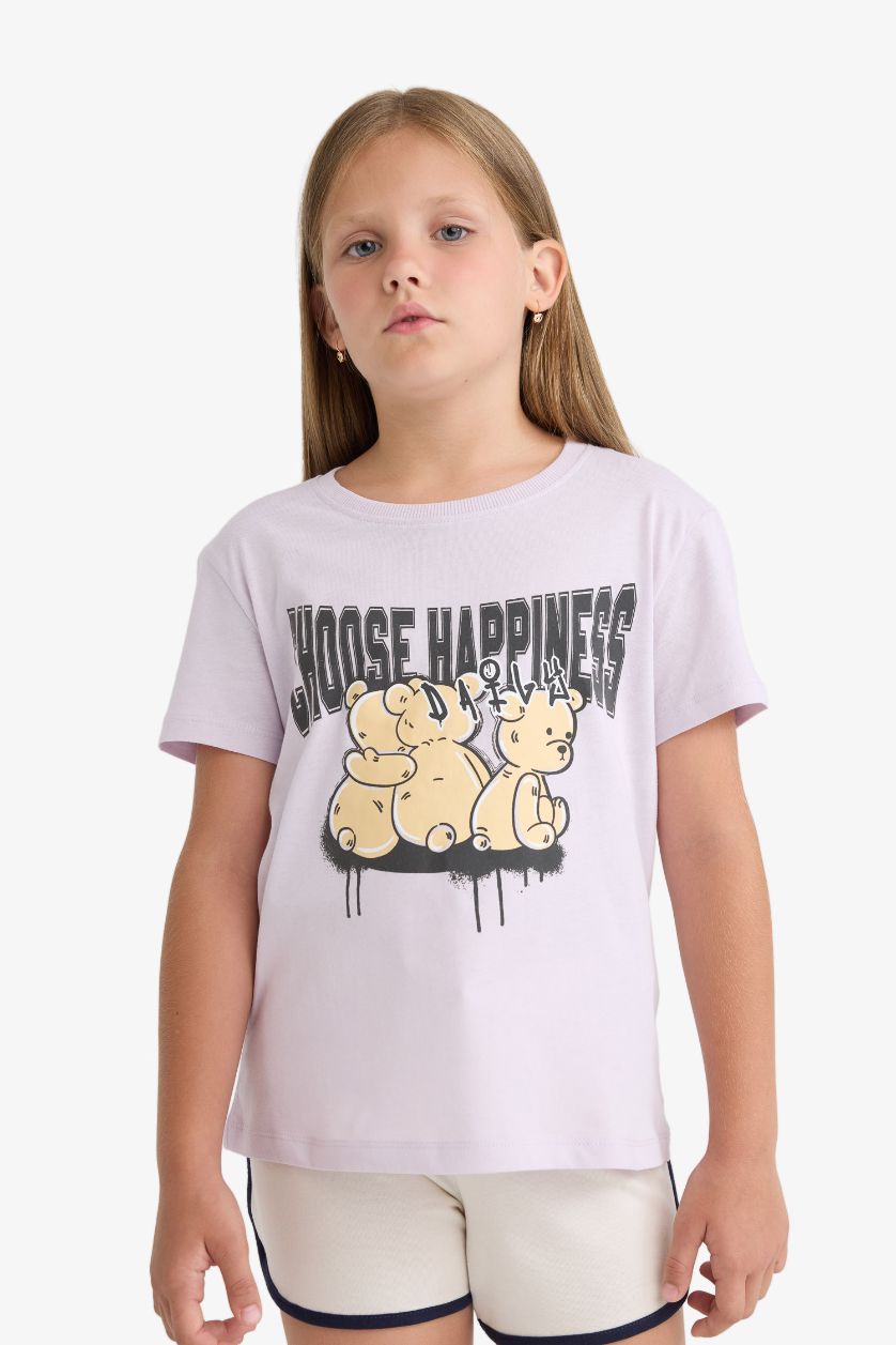 بناتي زهري تيشيرت بناتي نص كم مطبوع وياقة مستديرة