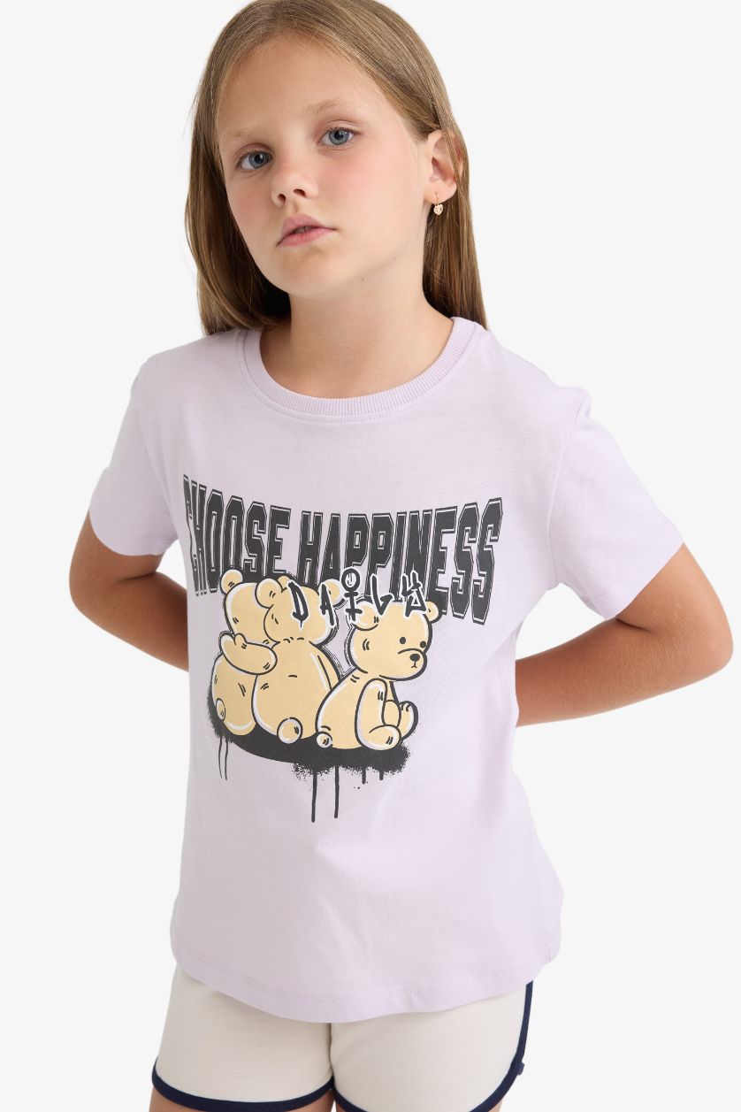 بناتي زهري تيشيرت بناتي نص كم مطبوع وياقة مستديرة