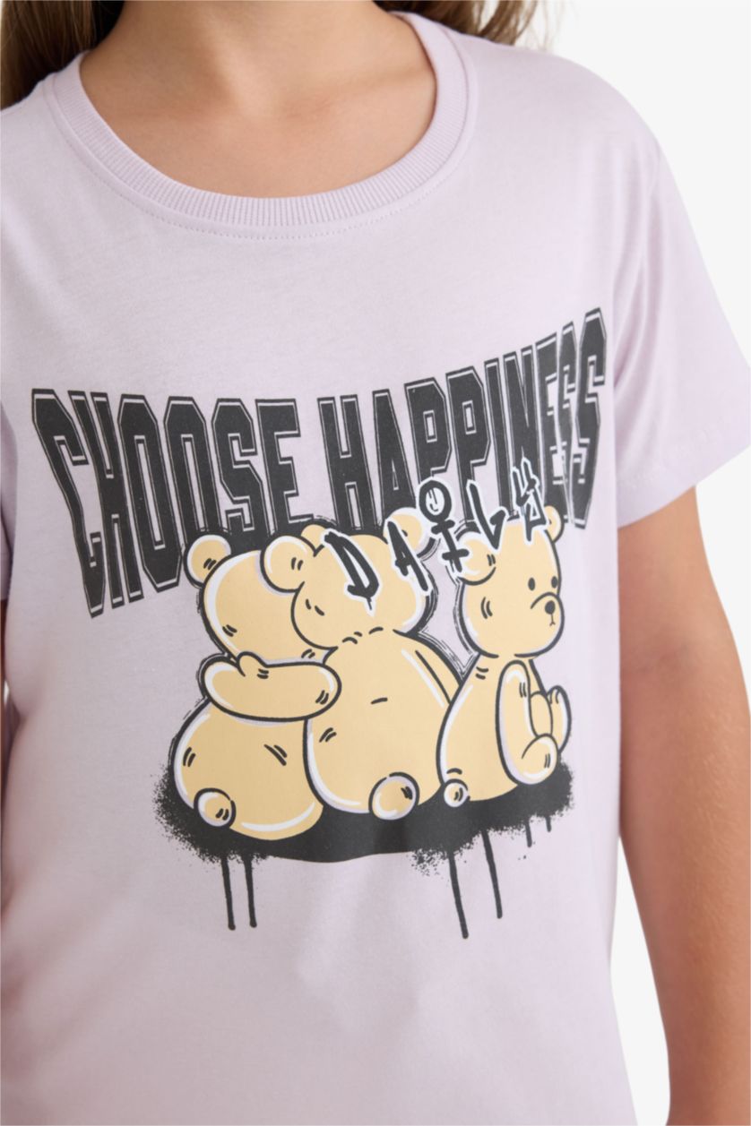 بناتي زهري تيشيرت بناتي نص كم مطبوع وياقة مستديرة