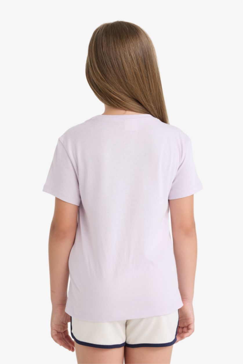 بناتي زهري تيشيرت بناتي نص كم مطبوع وياقة مستديرة