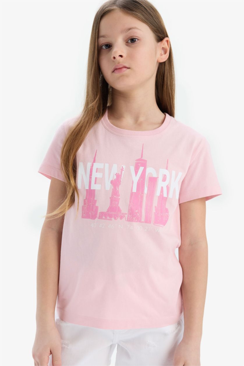 Kız Çocuk - Genç Kız Pembe Bisiklet Yaka Baskılı Kısa Kollu Tişört Kız Çocuk