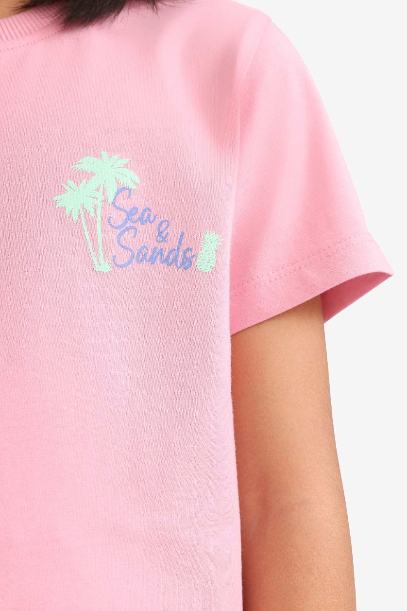 Kız Çocuk - Genç Kız Açık Pembe Bisiklet Yaka Baskılı Kısa Kollu Tişört Kız Çocuk