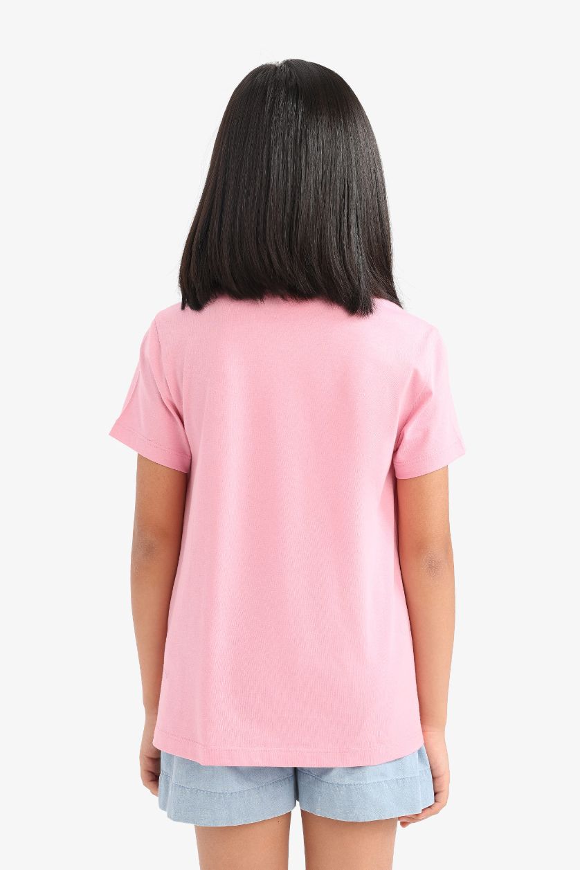 Kız Çocuk - Genç Kız Açık Pembe Bisiklet Yaka Baskılı Kısa Kollu Tişört Kız Çocuk