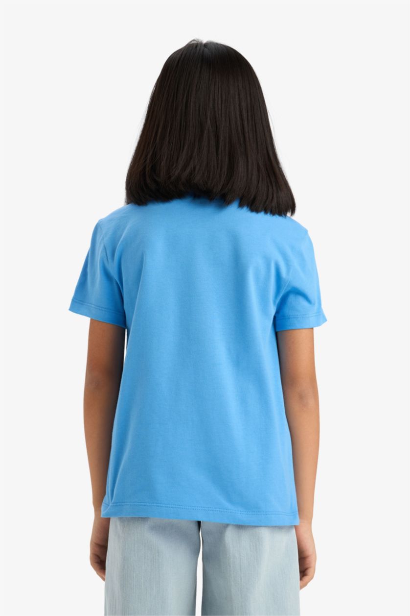 Kız Çocuk - Genç Kız Mavi Bisiklet Yaka Baskılı Kısa Kollu Tişört Kız Çocuk