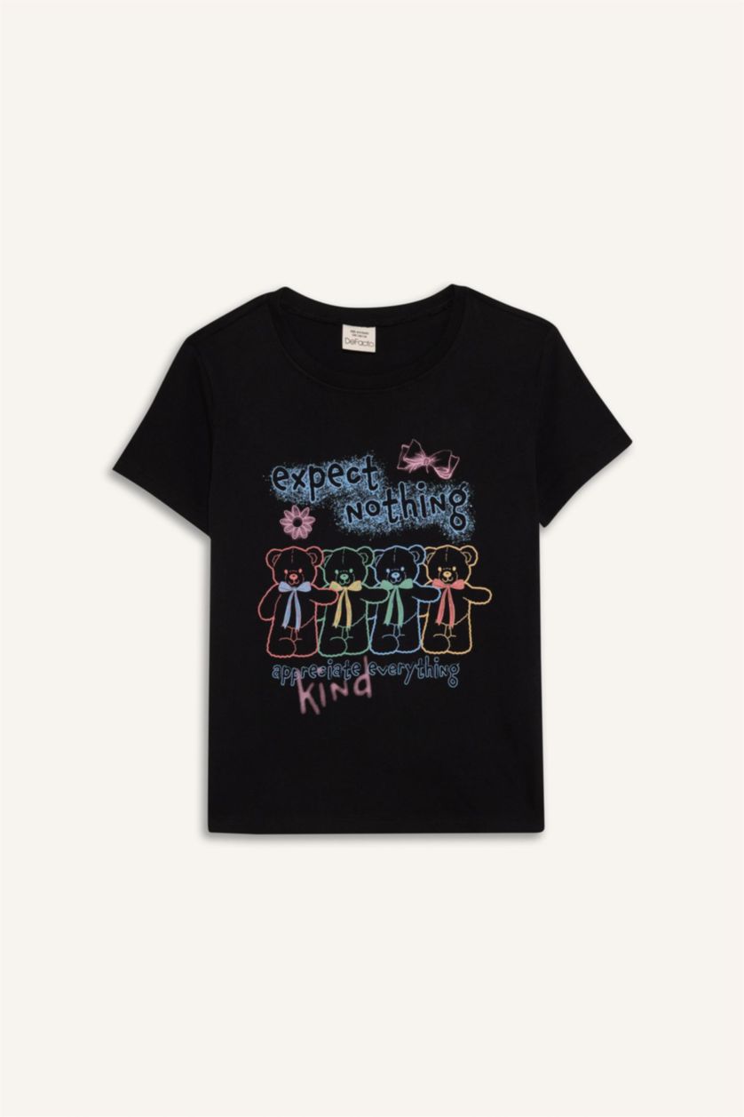 Kız Çocuk - Genç Kız Siyah Bisiklet Yaka Baskılı Kısa Kollu Tişört Kız Çocuk