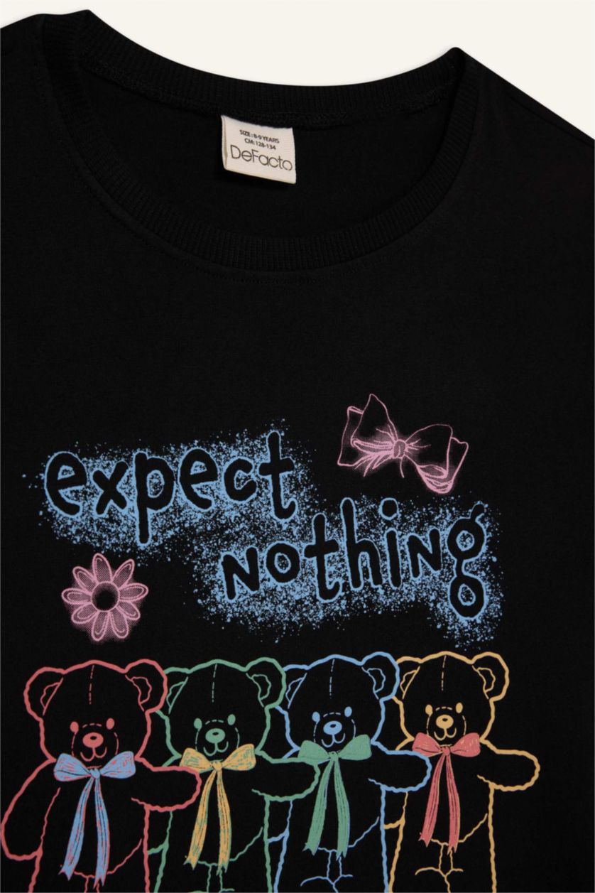 Kız Çocuk - Genç Kız Siyah Bisiklet Yaka Baskılı Kısa Kollu Tişört Kız Çocuk