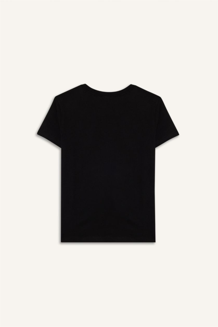 Kız Çocuk - Genç Kız Siyah Bisiklet Yaka Baskılı Kısa Kollu Tişört Kız Çocuk