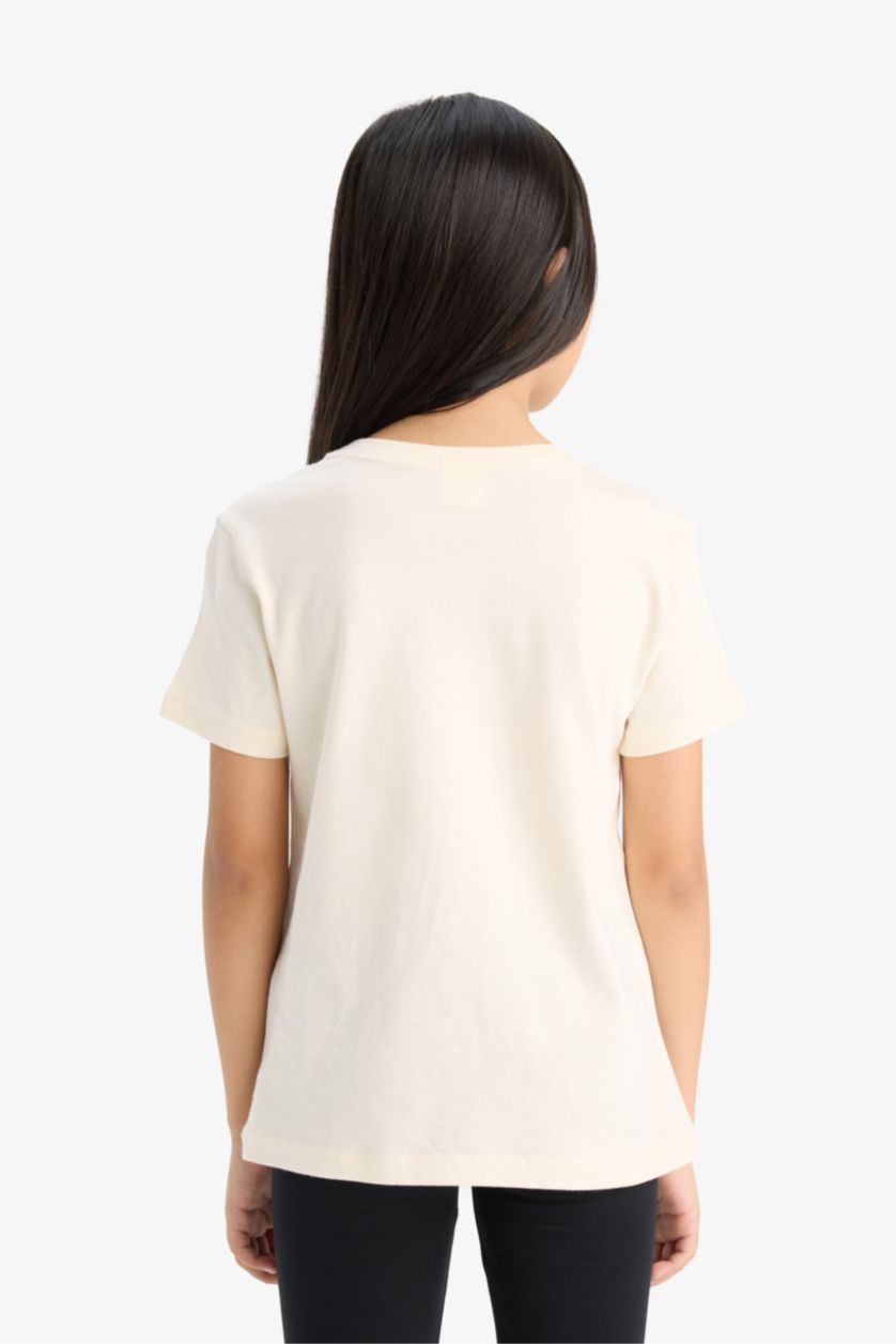 Kız Çocuk - Genç Kız Ekru Bisiklet Yaka Anime Baskılı Kısa Kollu Tişört Kız Çocuk