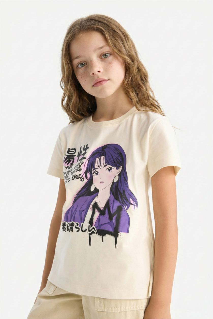 Girls & Teens Light Stone Girl Regular Fit Crew Neck Anime Print T-Shirt
