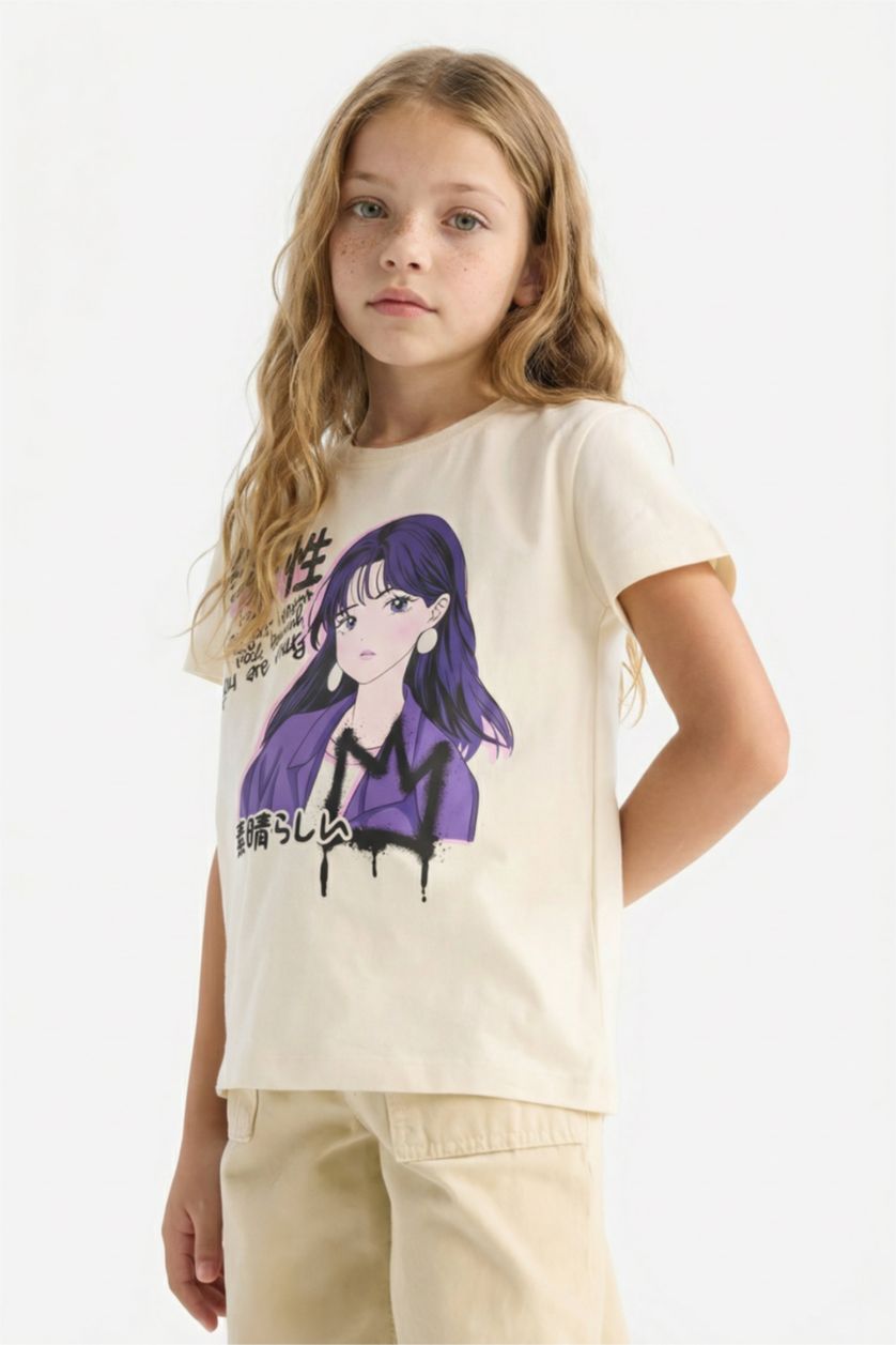 Girls & Teens Light Stone Girl Regular Fit Crew Neck Anime Print T-Shirt