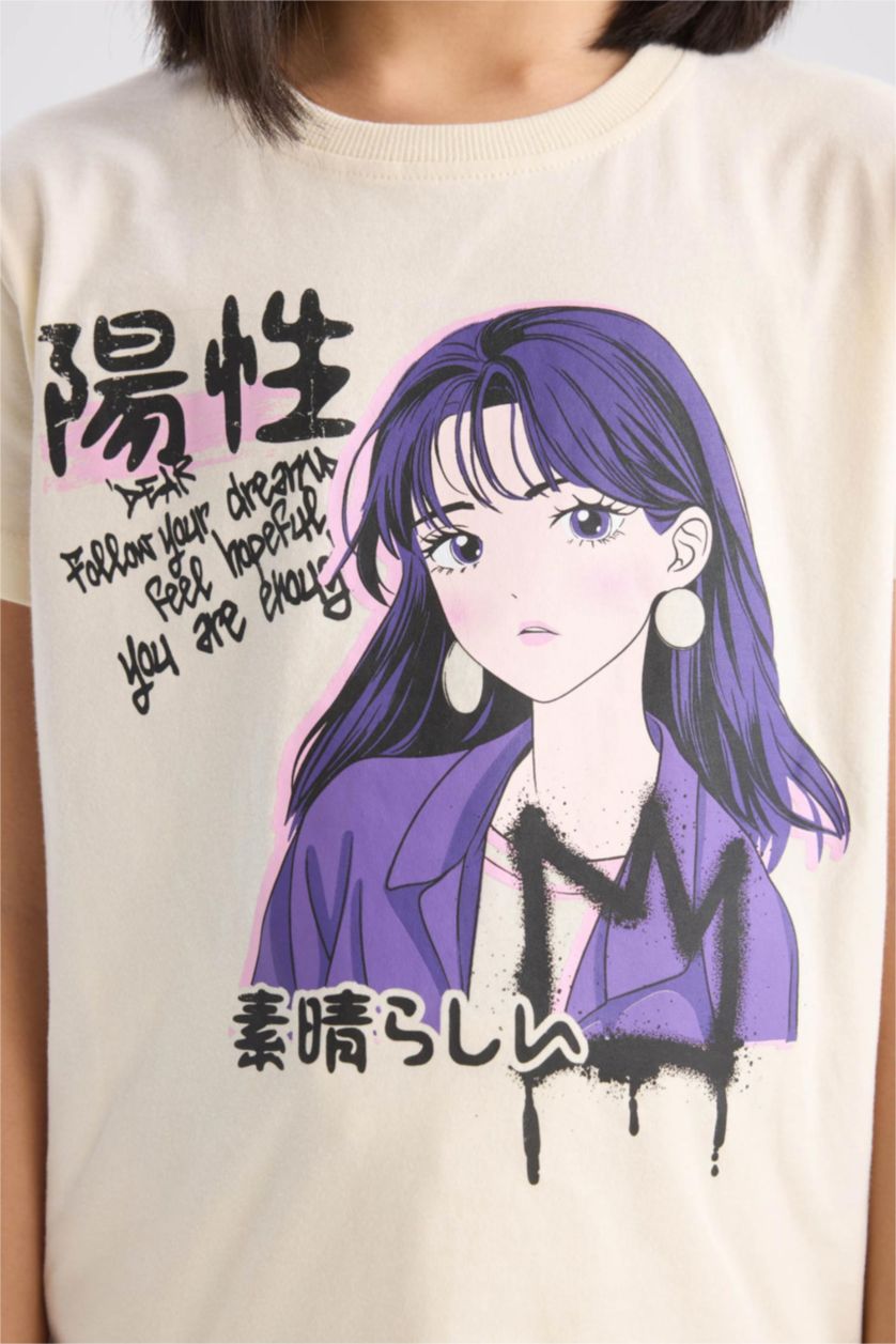 Girls & Teens Light Stone Girl Regular Fit Crew Neck Anime Print T-Shirt