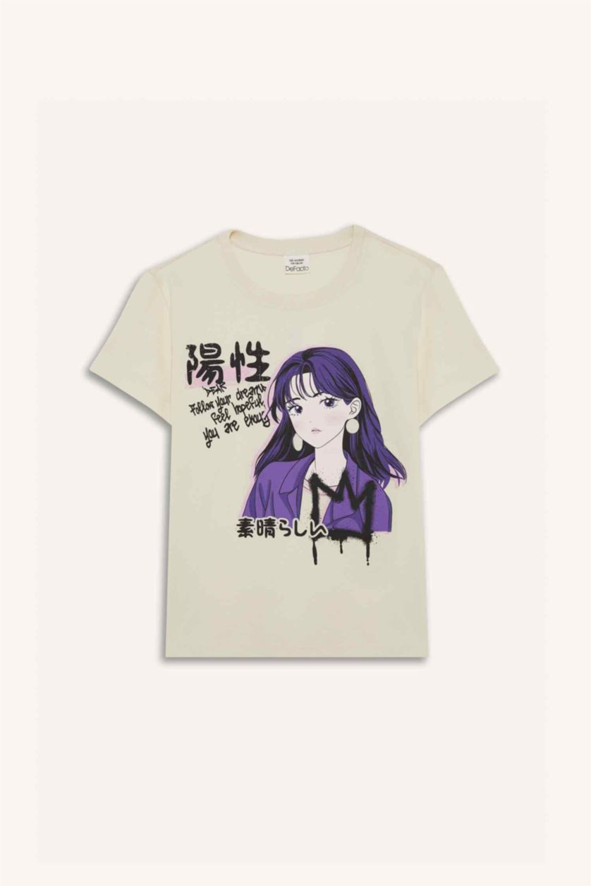 Girls & Teens Light Stone Girl Regular Fit Crew Neck Anime Print T-Shirt