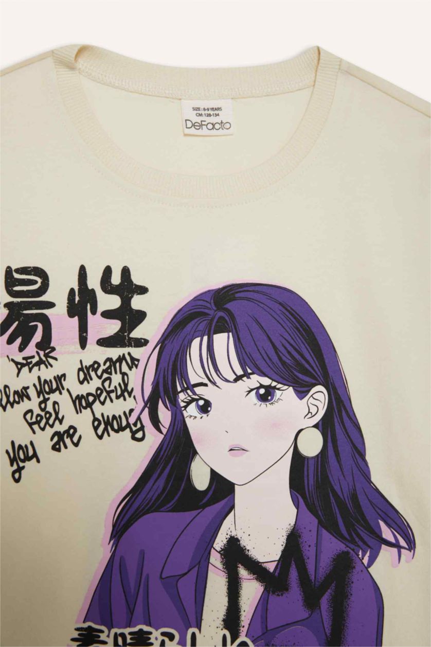Girls & Teens Light Stone Girl Regular Fit Crew Neck Anime Print T-Shirt