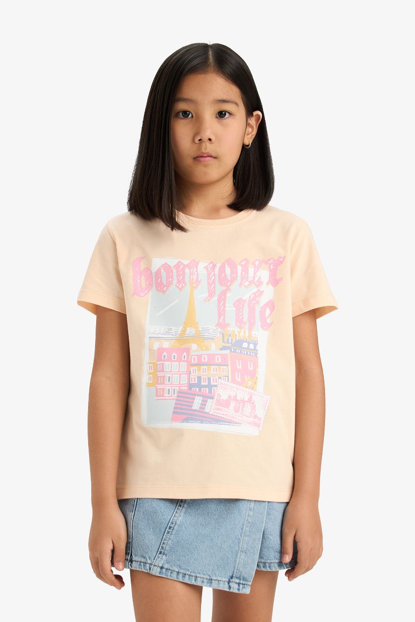 Girls & Teens Light Salmon Girl Regular Fit Crew Neck Anime Printed T-Shirt