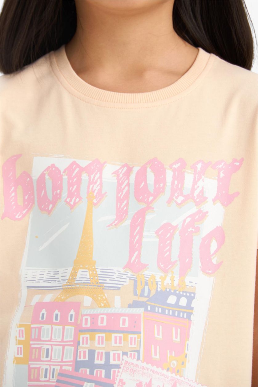 Girls & Teens Light Salmon Girl Regular Fit Crew Neck Anime Printed T-Shirt