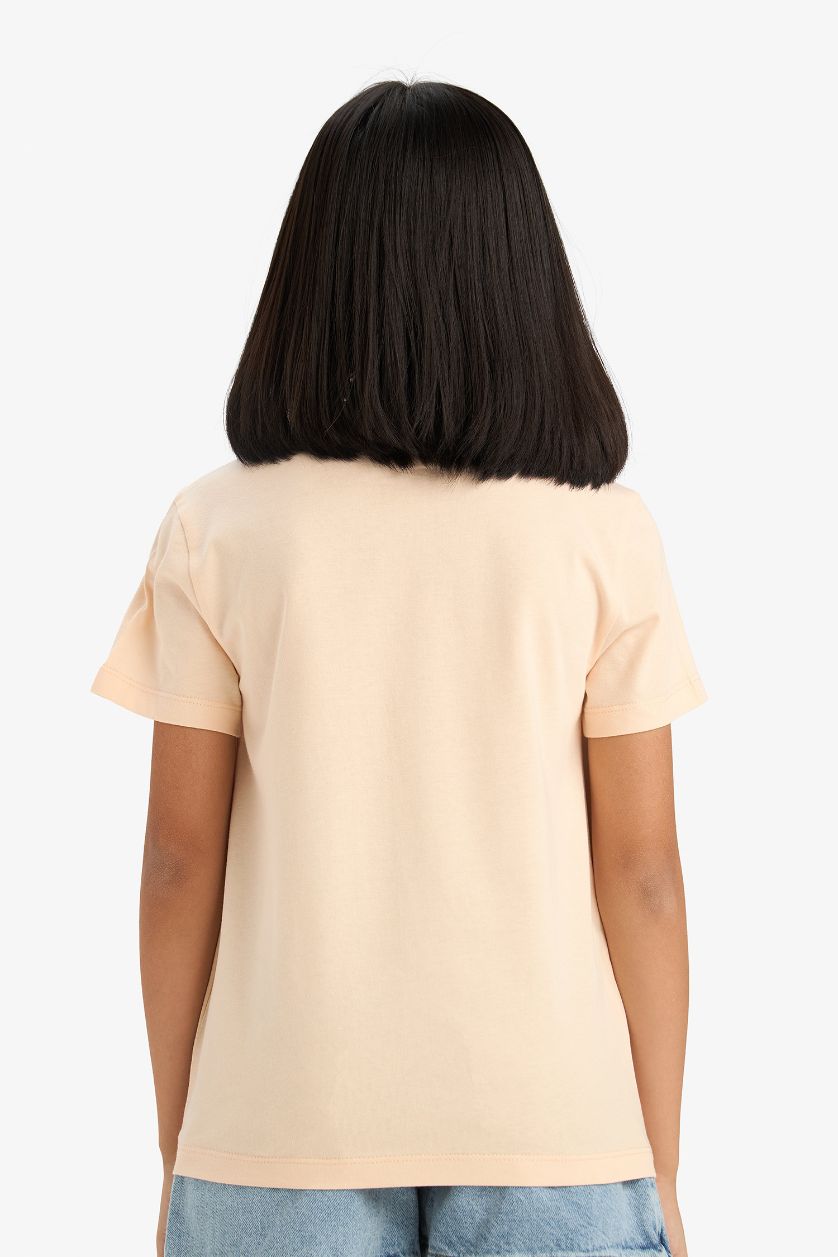 Girls & Teens Light Salmon Girl Regular Fit Crew Neck Anime Printed T-Shirt