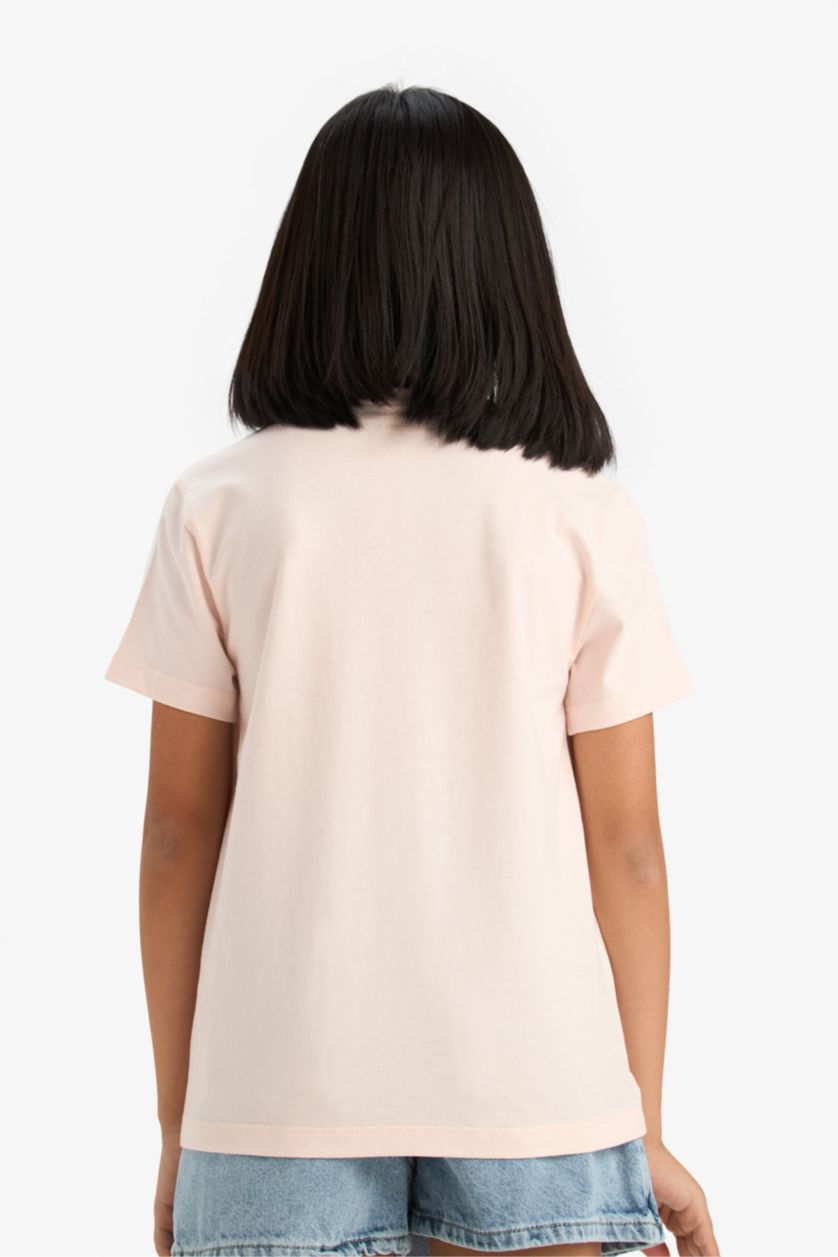 Kız Çocuk - Genç Kız Açık Pembe Bisiklet Yaka Anime Baskılı Kısa Kollu Tişört Kız Çocuk