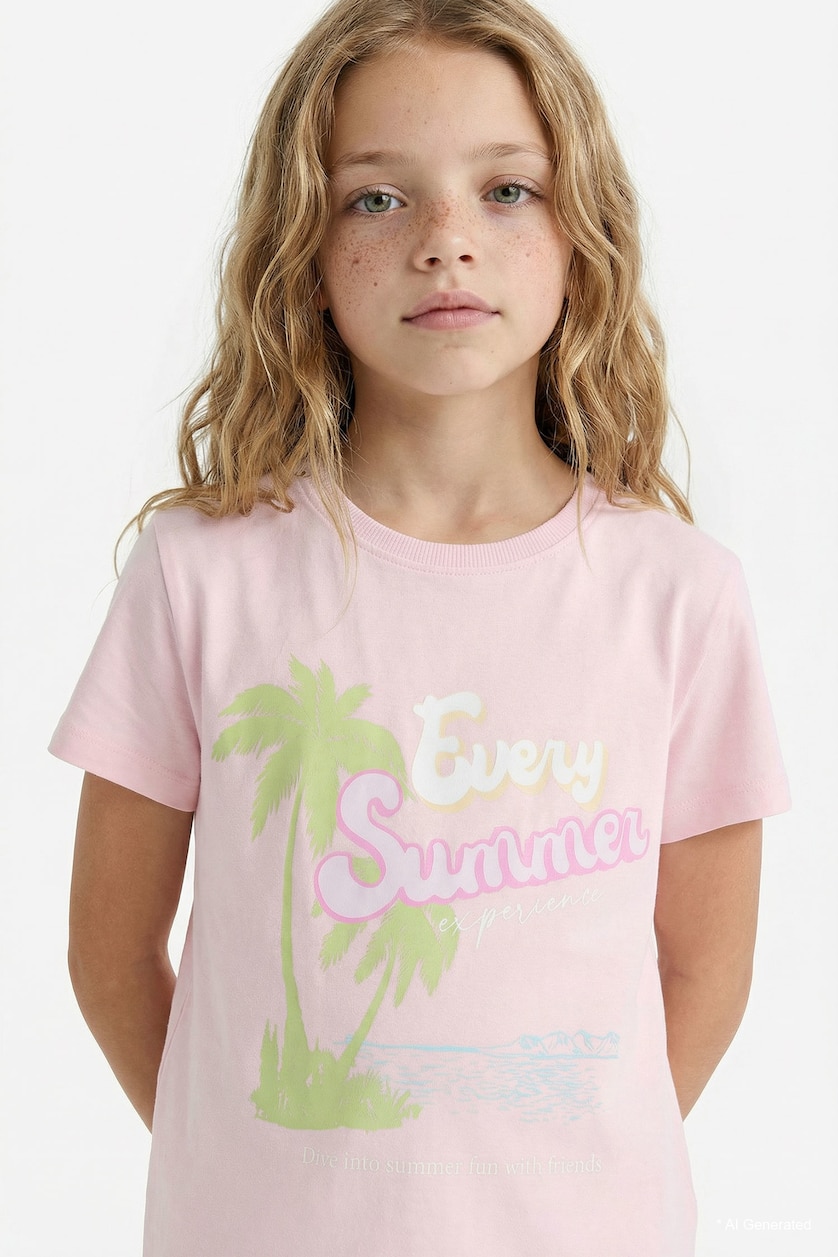 FILLES Rose T-shirt imprimé à col rond et manches courtes pour fille