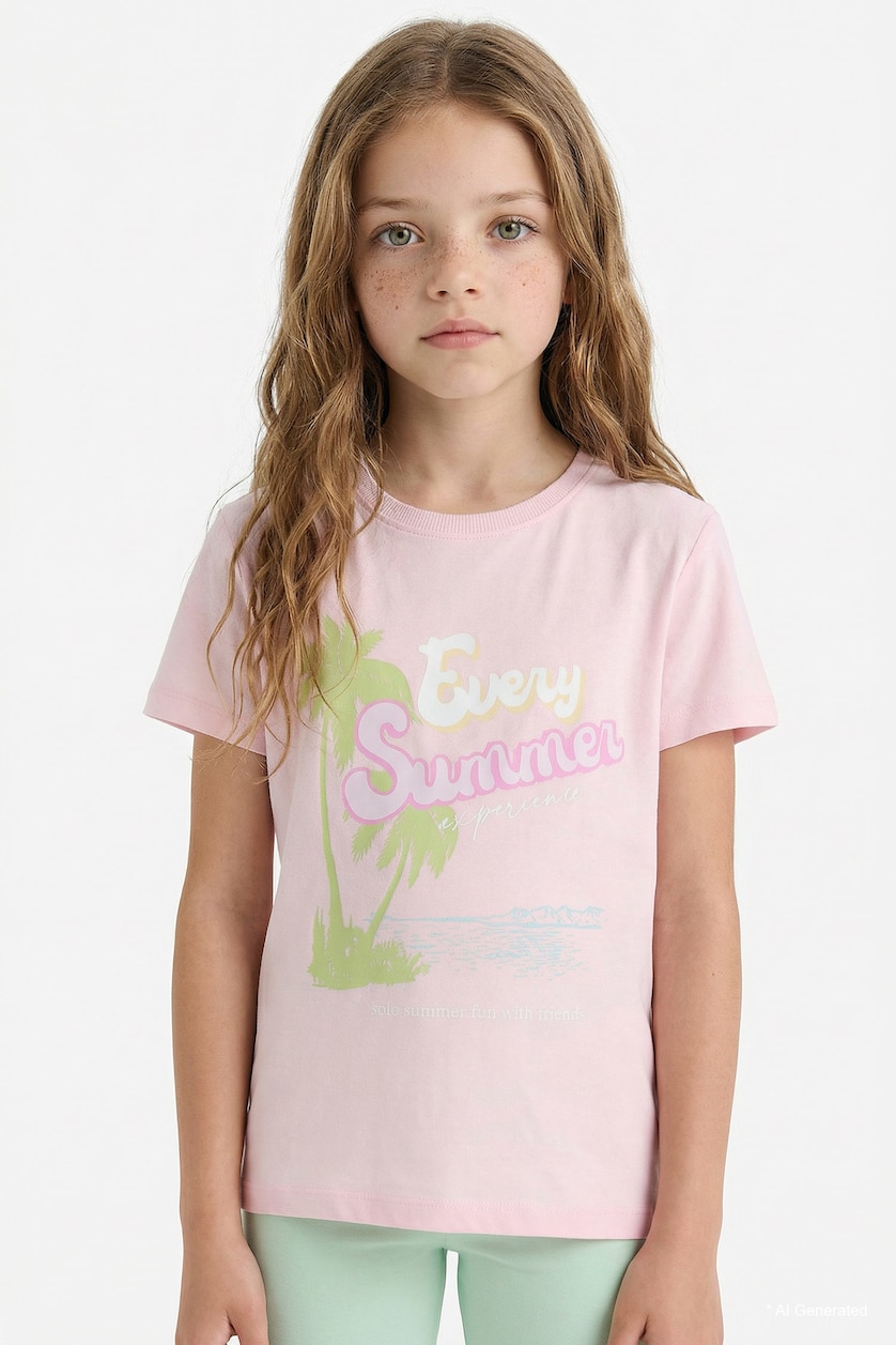 FILLES Rose T-shirt imprimé à col rond et manches courtes pour fille