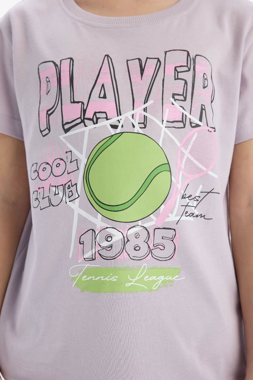 Kız Çocuk - Genç Kız Açık Lila Bisiklet Yaka Anime Baskılı Kısa Kollu Tişört Kız Çocuk