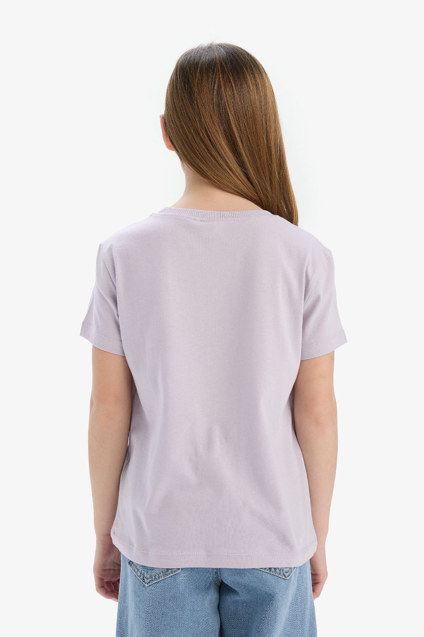 Kız Çocuk - Genç Kız Açık Lila Bisiklet Yaka Anime Baskılı Kısa Kollu Tişört Kız Çocuk