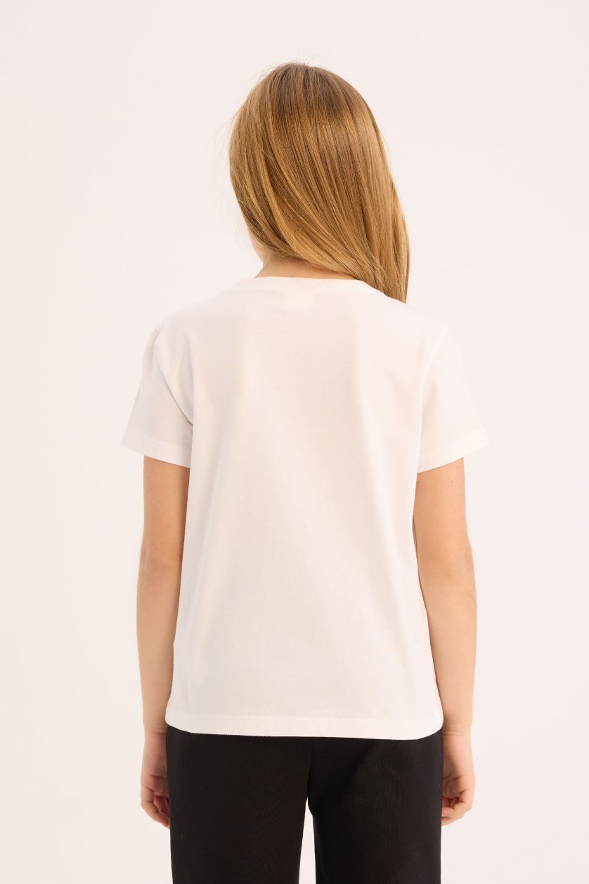 Kız Çocuk - Genç Kız Beyaz Bisiklet Yaka Baskılı Kısa Kollu Tişört Kız Çocuk