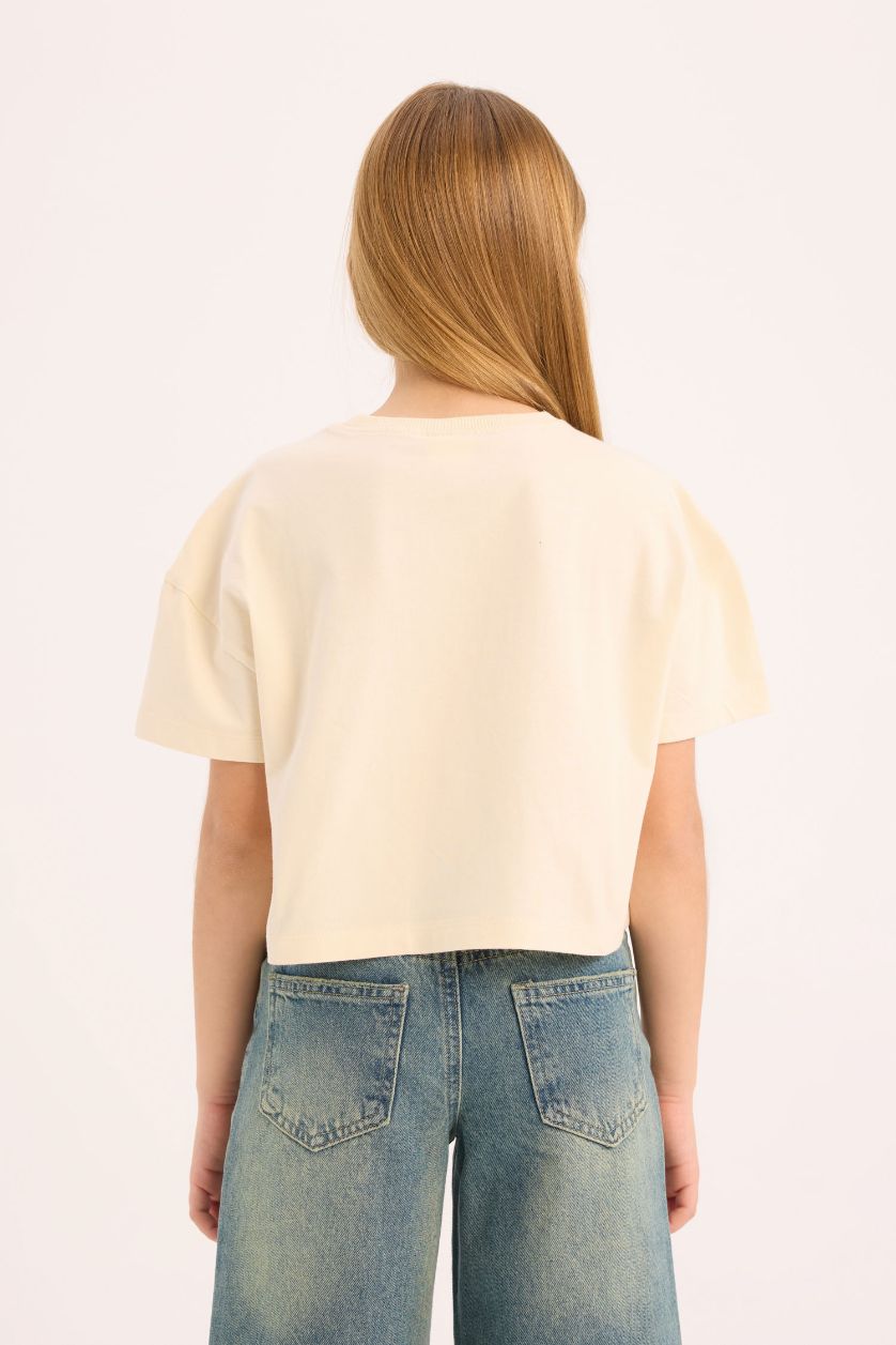 Kız Çocuk - Genç Kız Ekru Bisiklet Yaka Baskılı Kısa Kollu Tişört Kız Çocuk