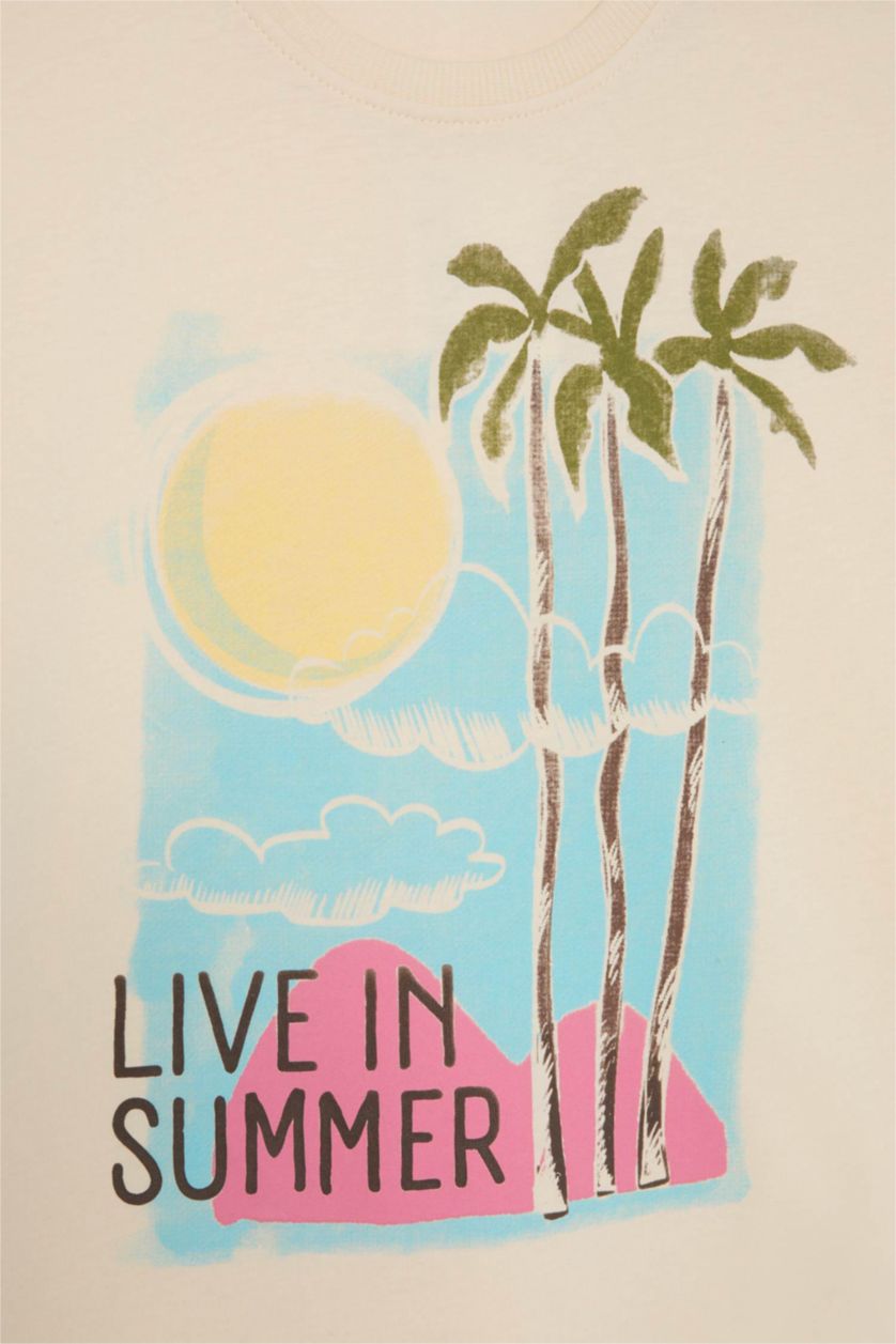 Kız Çocuk - Genç Kız Ekru Relax Fit Bisiklet Yaka Baskılı Kısa Kollu Tişört Kız Çocuk