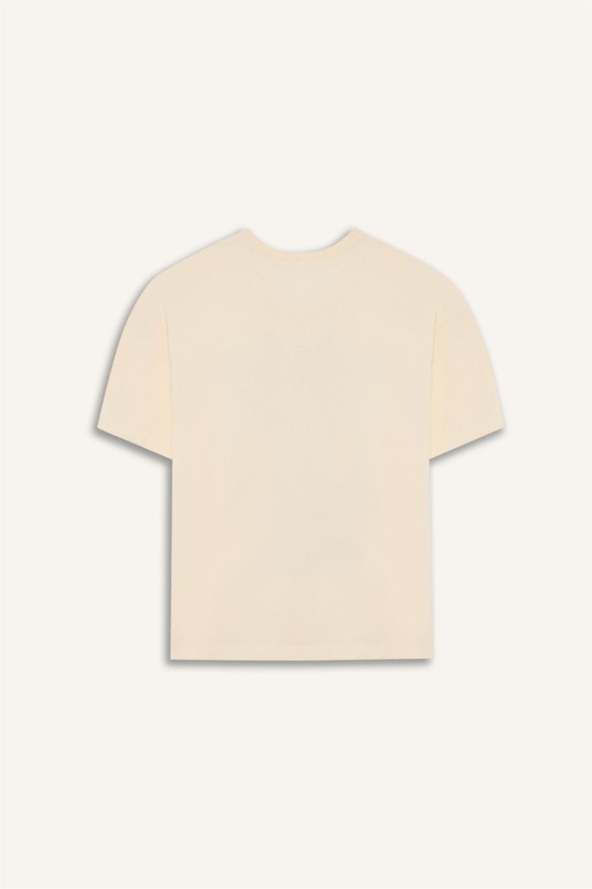 Kız Çocuk - Genç Kız Ekru Relax Fit Bisiklet Yaka Baskılı Kısa Kollu Tişört Kız Çocuk