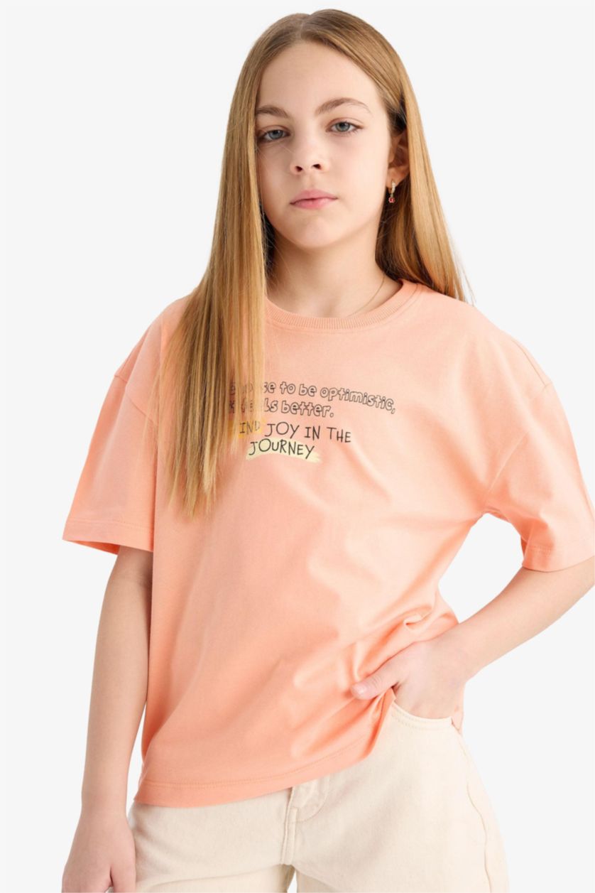 Kız Çocuk - Genç Kız Somon Relax Fit Bisiklet Yaka Baskılı Kısa Kollu Tişört Kız Çocuk