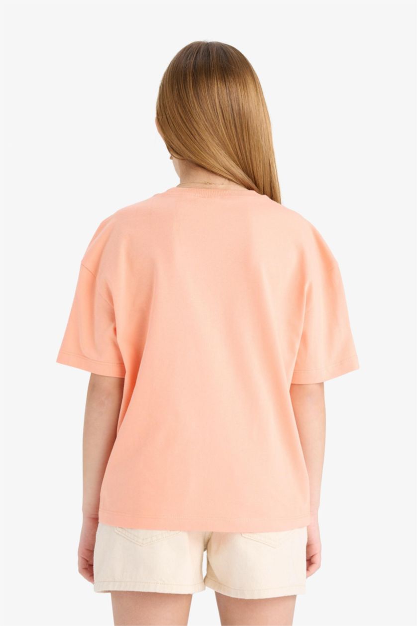 Kız Çocuk - Genç Kız Somon Relax Fit Bisiklet Yaka Baskılı Kısa Kollu Tişört Kız Çocuk