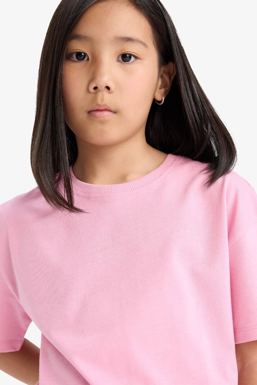 Kız Çocuk - Genç Kız Açık Pembe Relax Fit Bisiklet Yaka Sırt Baskılı Kısa Kollu Tişört Kız Çocuk