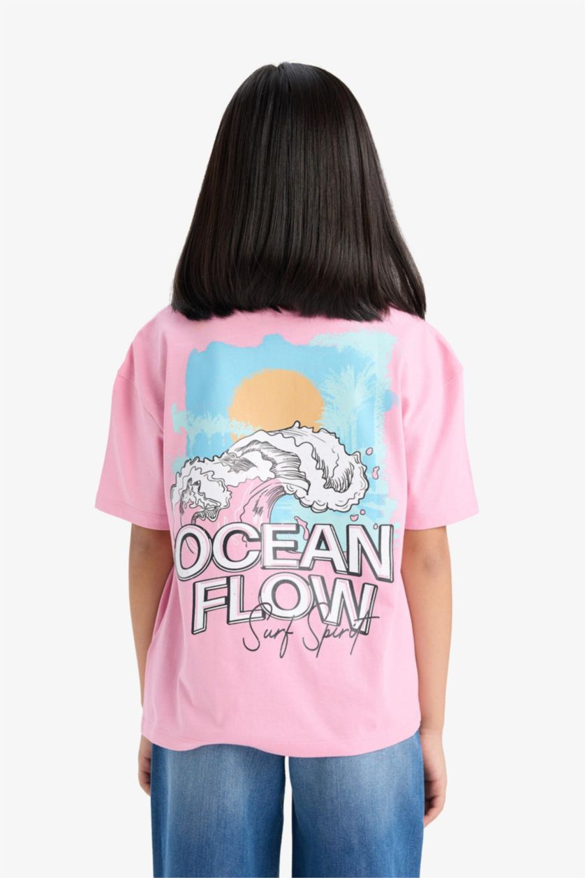 Kız Çocuk - Genç Kız Açık Pembe Relax Fit Bisiklet Yaka Sırt Baskılı Kısa Kollu Tişört Kız Çocuk