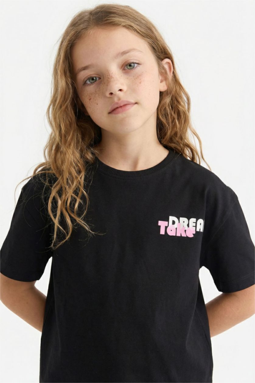 Kız Çocuk - Genç Kız Siyah Relax Fit Sırt Baskılı Bisiklet Yaka Kısa Kollu Tişört Kız Çocuk