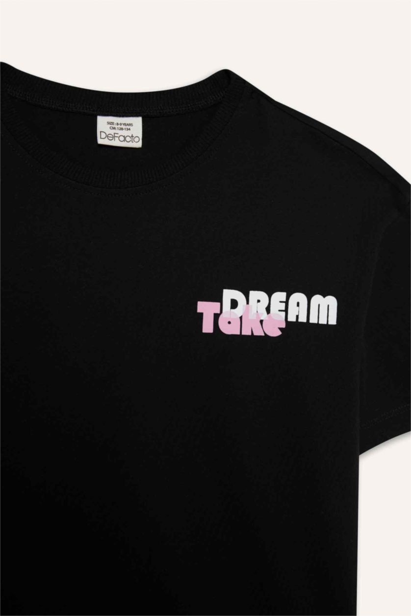 Kız Çocuk - Genç Kız Siyah Relax Fit Sırt Baskılı Bisiklet Yaka Kısa Kollu Tişört Kız Çocuk