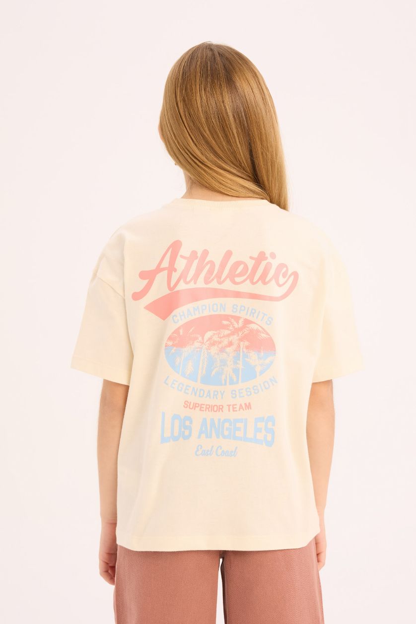 Kız Çocuk - Genç Kız Ekru Relax Fit Bisiklet Yaka Srt Baskılı Kısa Kollu Tişört Kız Çocuk