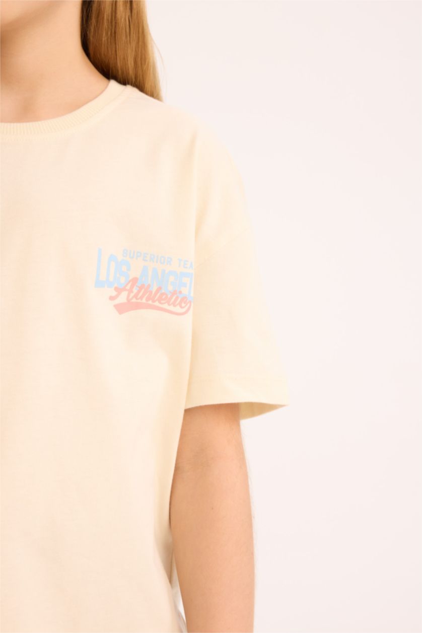 Kız Çocuk - Genç Kız Ekru Relax Fit Bisiklet Yaka Srt Baskılı Kısa Kollu Tişört Kız Çocuk