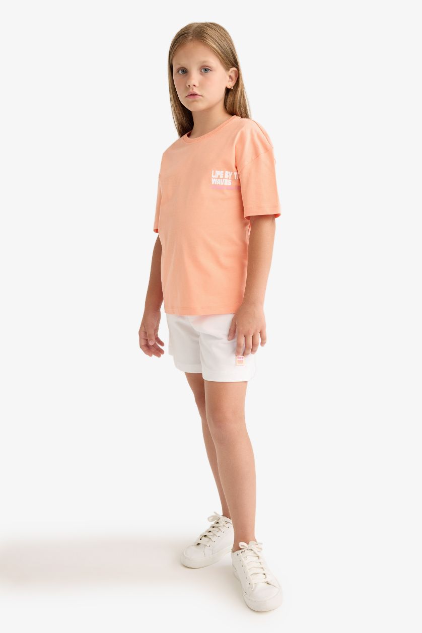 Kız Çocuk - Genç Kız Somon Relax Fit Bisiklet Yaka Sırt Baskılı Kısa Kollu Tişört Kız Çocuk