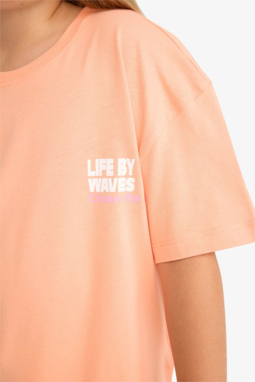 Kız Çocuk - Genç Kız Somon Relax Fit Bisiklet Yaka Sırt Baskılı Kısa Kollu Tişört Kız Çocuk