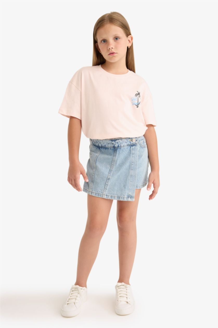 Kız Çocuk - Genç Kız Açık Pembe Relax Fit Bisiklet Yaka Sırt Baskılı Kısa Kollu Tişört Kız Çocuk