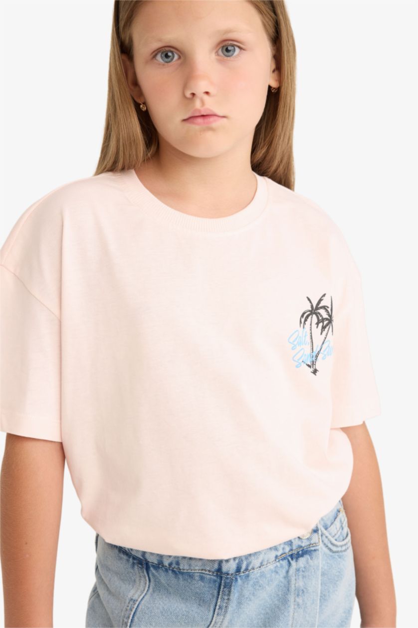 Kız Çocuk - Genç Kız Açık Pembe Relax Fit Bisiklet Yaka Sırt Baskılı Kısa Kollu Tişört Kız Çocuk