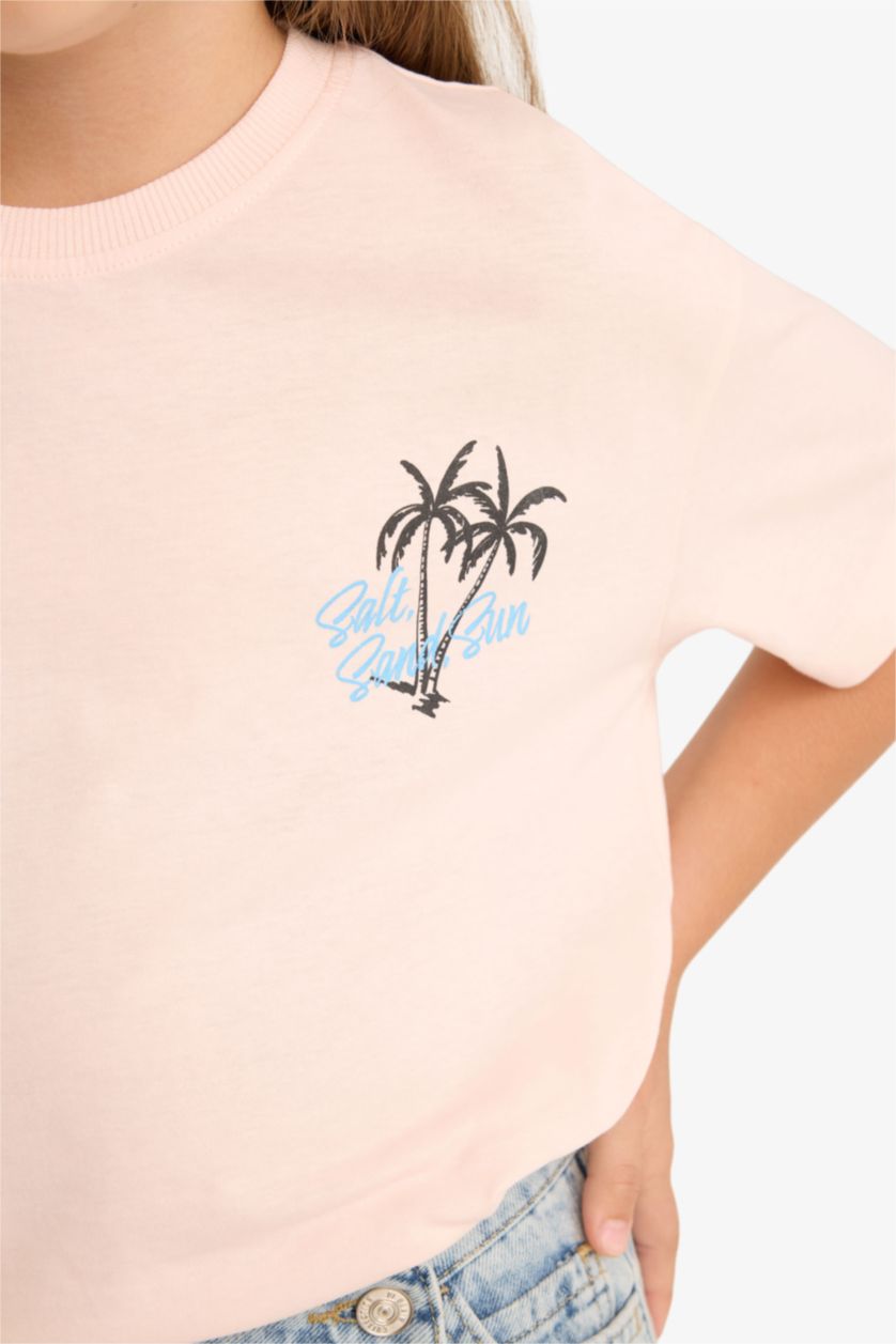 Kız Çocuk - Genç Kız Açık Pembe Relax Fit Bisiklet Yaka Sırt Baskılı Kısa Kollu Tişört Kız Çocuk