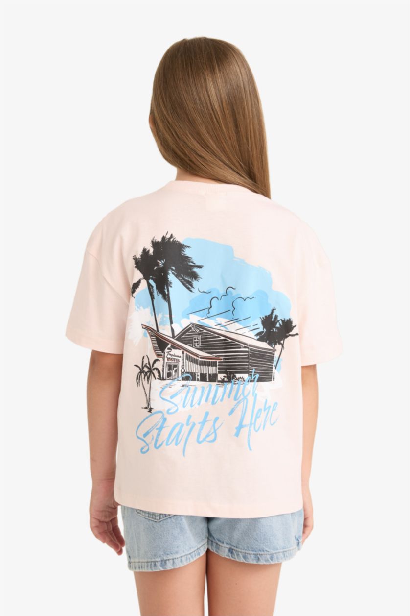 Kız Çocuk - Genç Kız Açık Pembe Relax Fit Bisiklet Yaka Sırt Baskılı Kısa Kollu Tişört Kız Çocuk