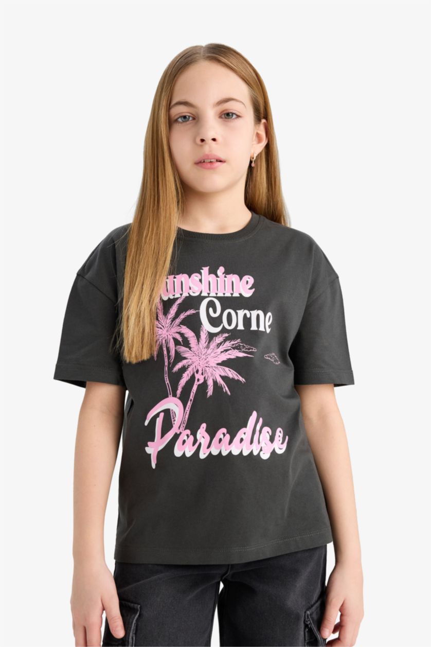 Kız Çocuk - Genç Kız Antrasit Relax Fit Bisiklet Yaka Baskılı Kısa Kollu Tişört Kız Çocuk