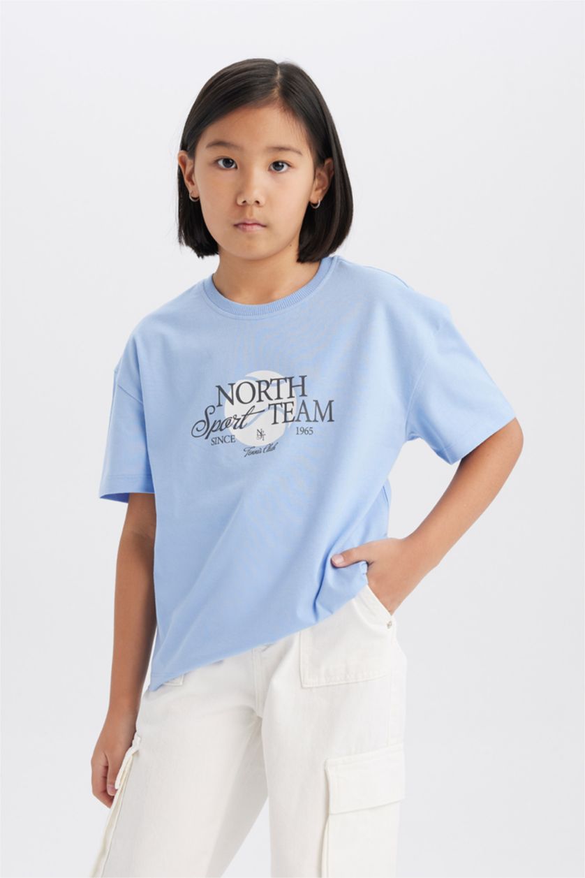 Girls & Teens Light Blue Girl Relax Fit Crew Neck Printed T-shirt