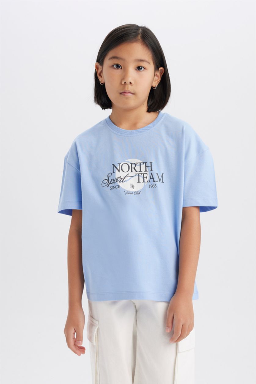 Girls & Teens Light Blue Girl Relax Fit Crew Neck Printed T-shirt