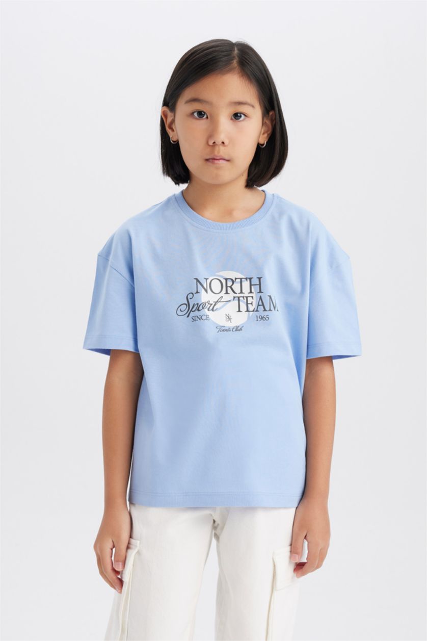 Girls & Teens Light Blue Girl Relax Fit Crew Neck Printed T-shirt