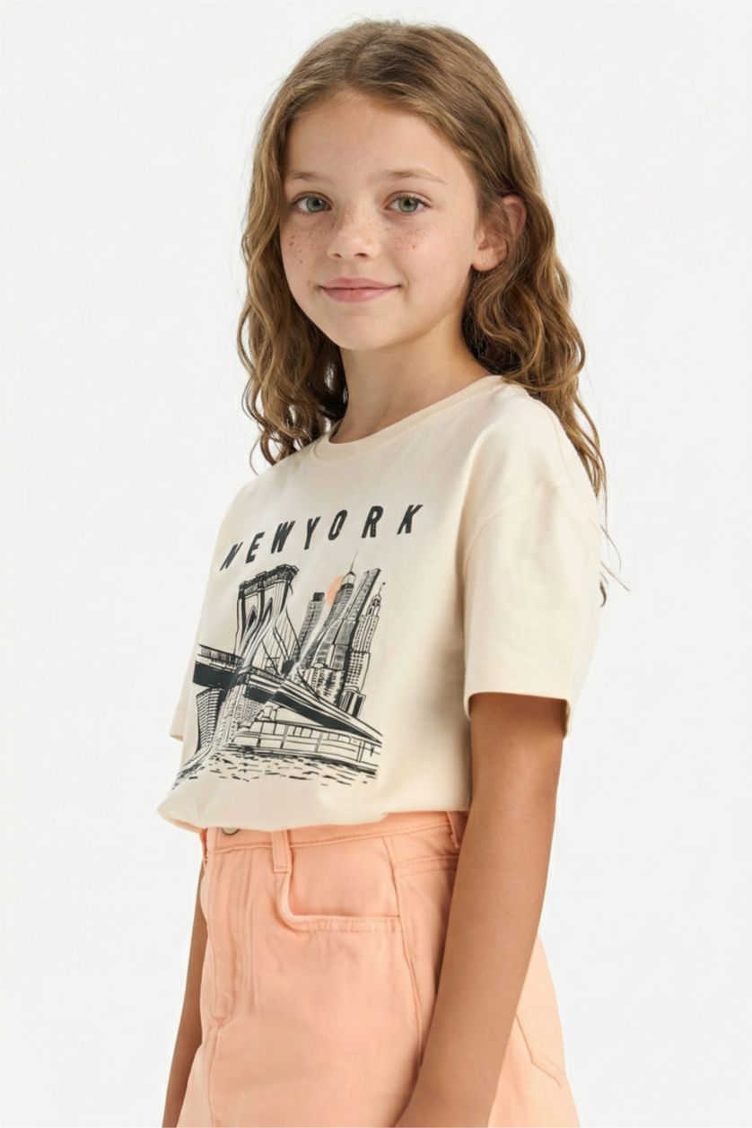 GIRLS & TEENS Ecru Girl Relax Fit Crew Neck Printed T-Shirt